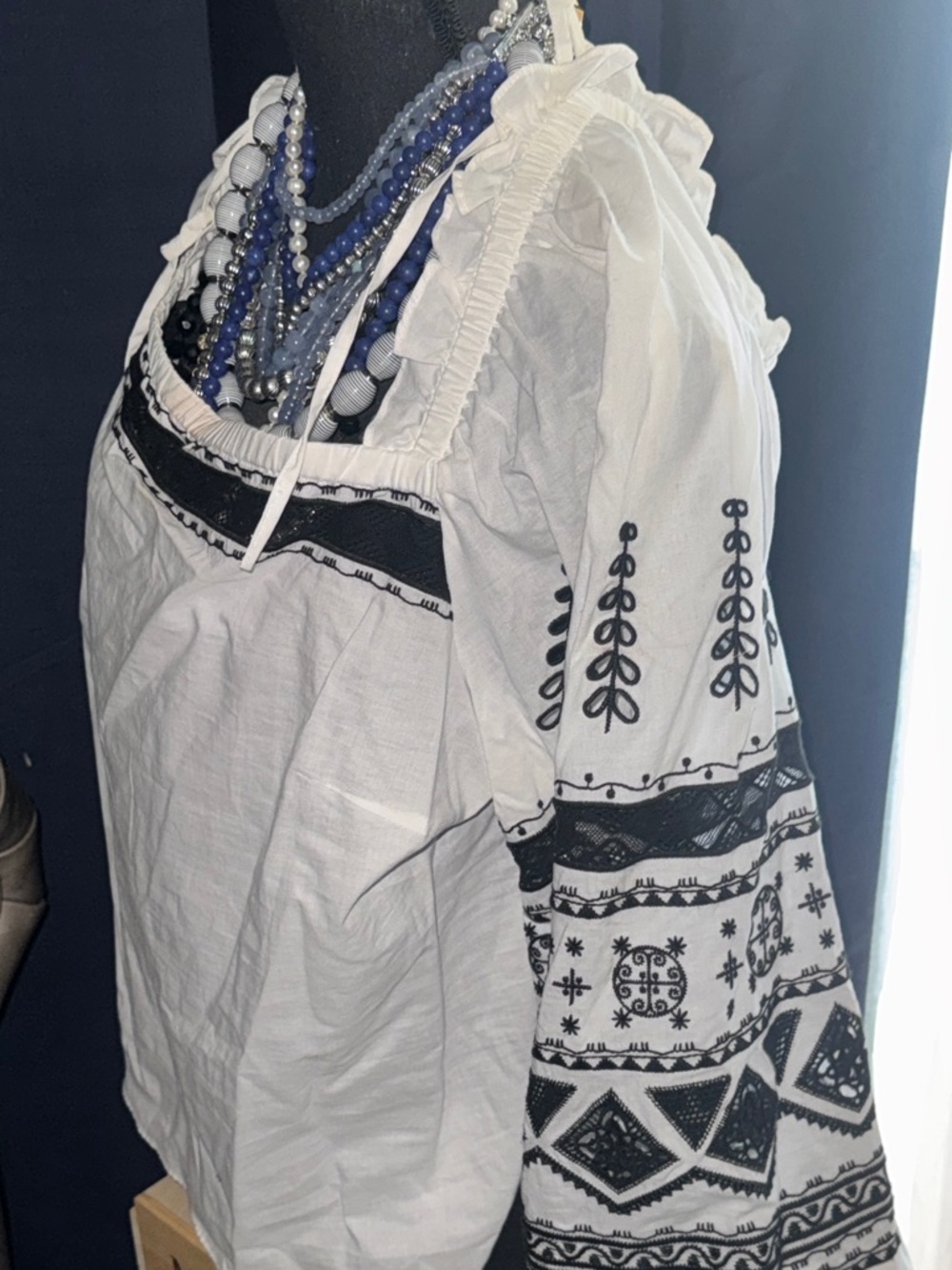 Kobi Halperin White Peasant Blouse with Black Folk Embroidery